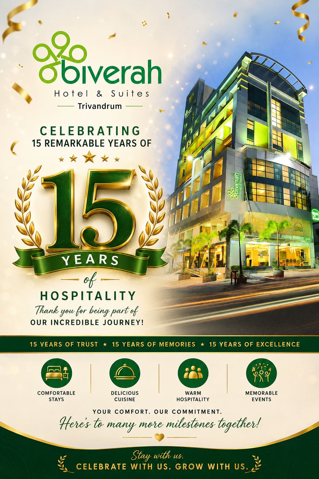 Biverah Hotel & Suites Trivandrum celebrating 15 remarkable years