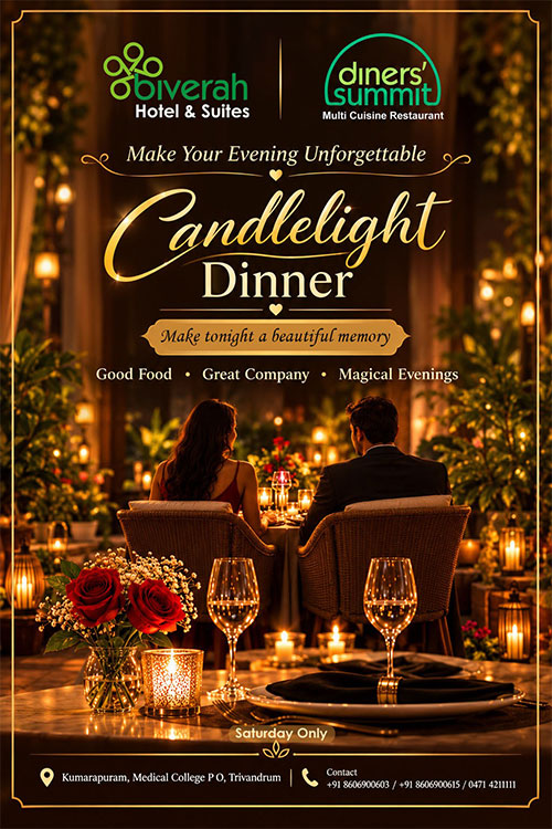 Candlelight Dinner every Saturday only at Biverah Hotel & Suites, Trivandrum